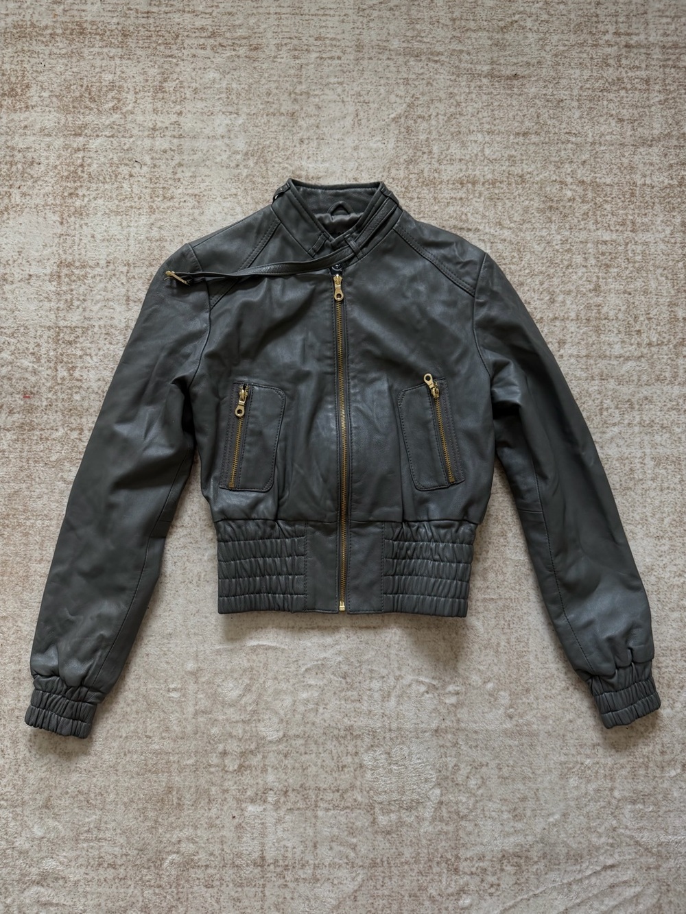 Uniquism New York Lambskin Leather Moto Jacket Olive Green Zip Pockets Size XS